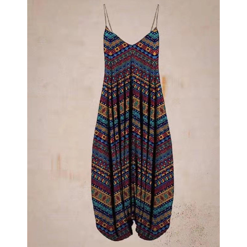 Schöner, lockerer Strand-Jumpsuit mit Print und Hosenträgern für Damen