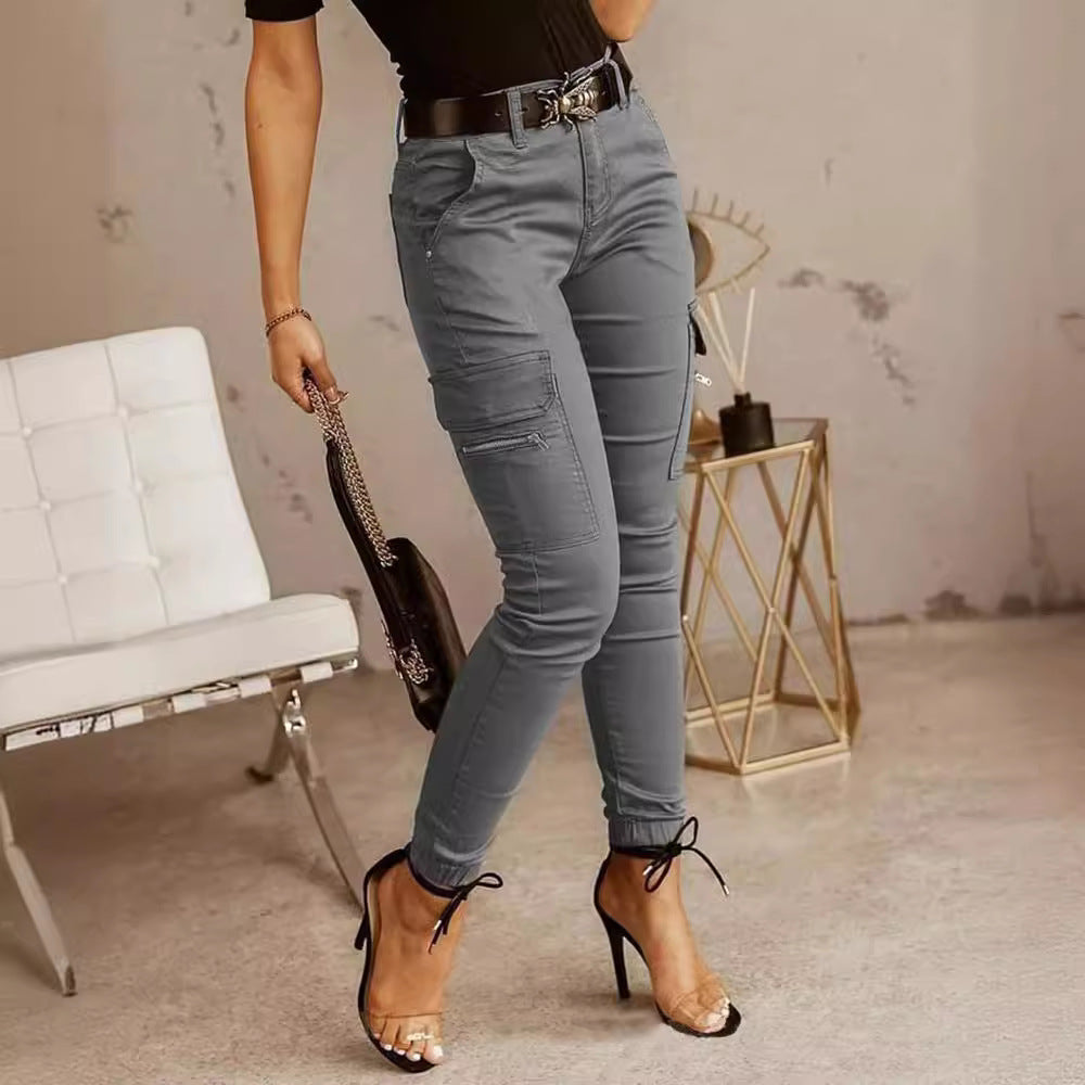 Women's Low Waist Button Solid Color Pocket Pants