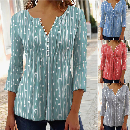 Women's Autumn Trendy V-neck Printed Long-sleeved Blouses