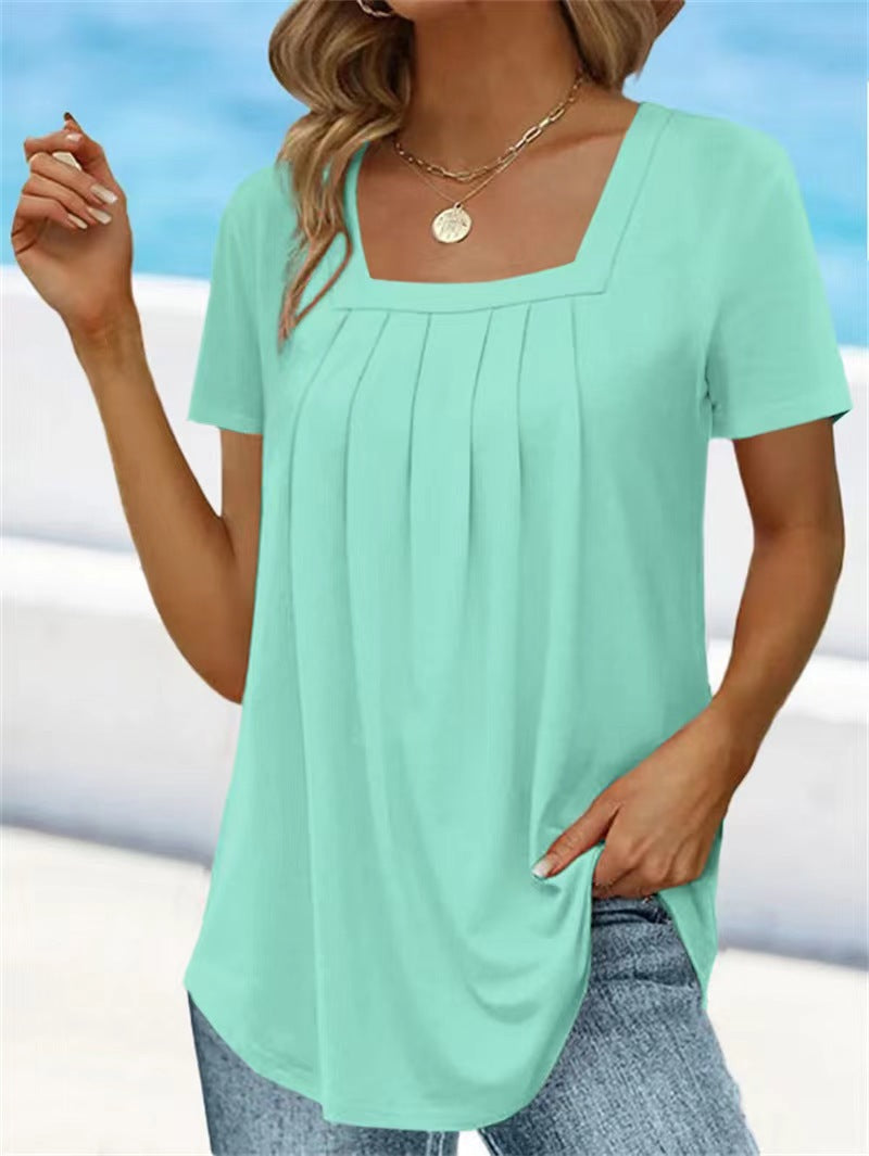 Women's Summer Pleated Square Collar Solid Color Blouses