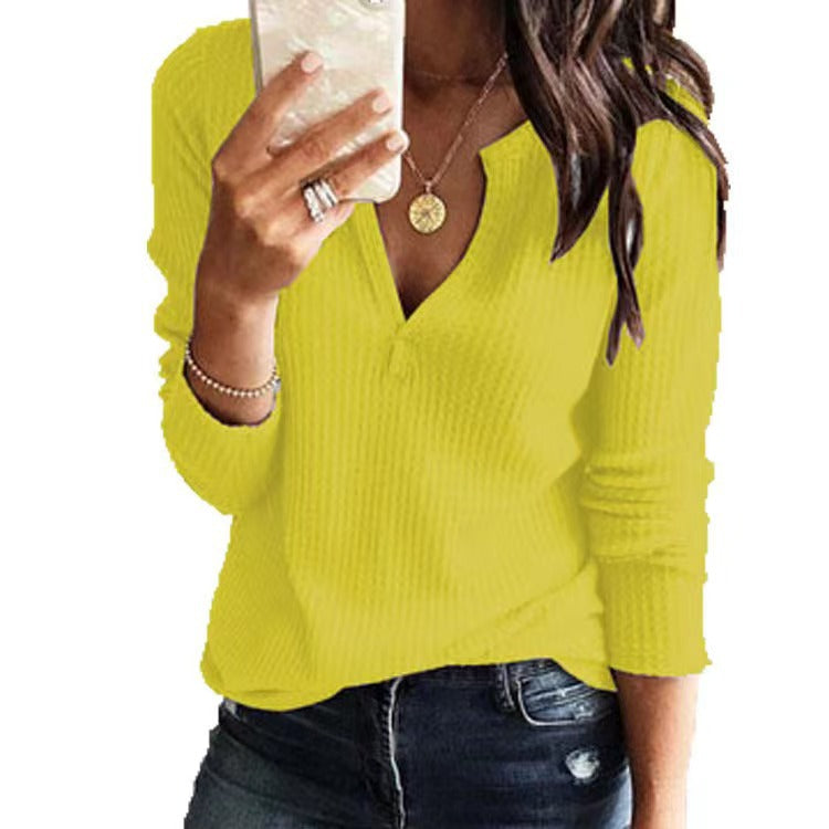 Long Sleeve Waffle Grid Solid Color Blouses