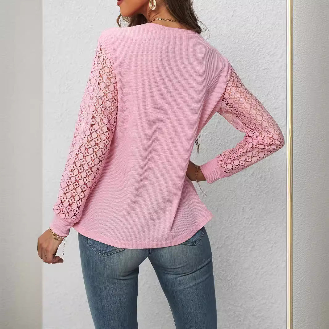 Women's Waffle Long Sleeve Crew Neck T-shirt Blouses