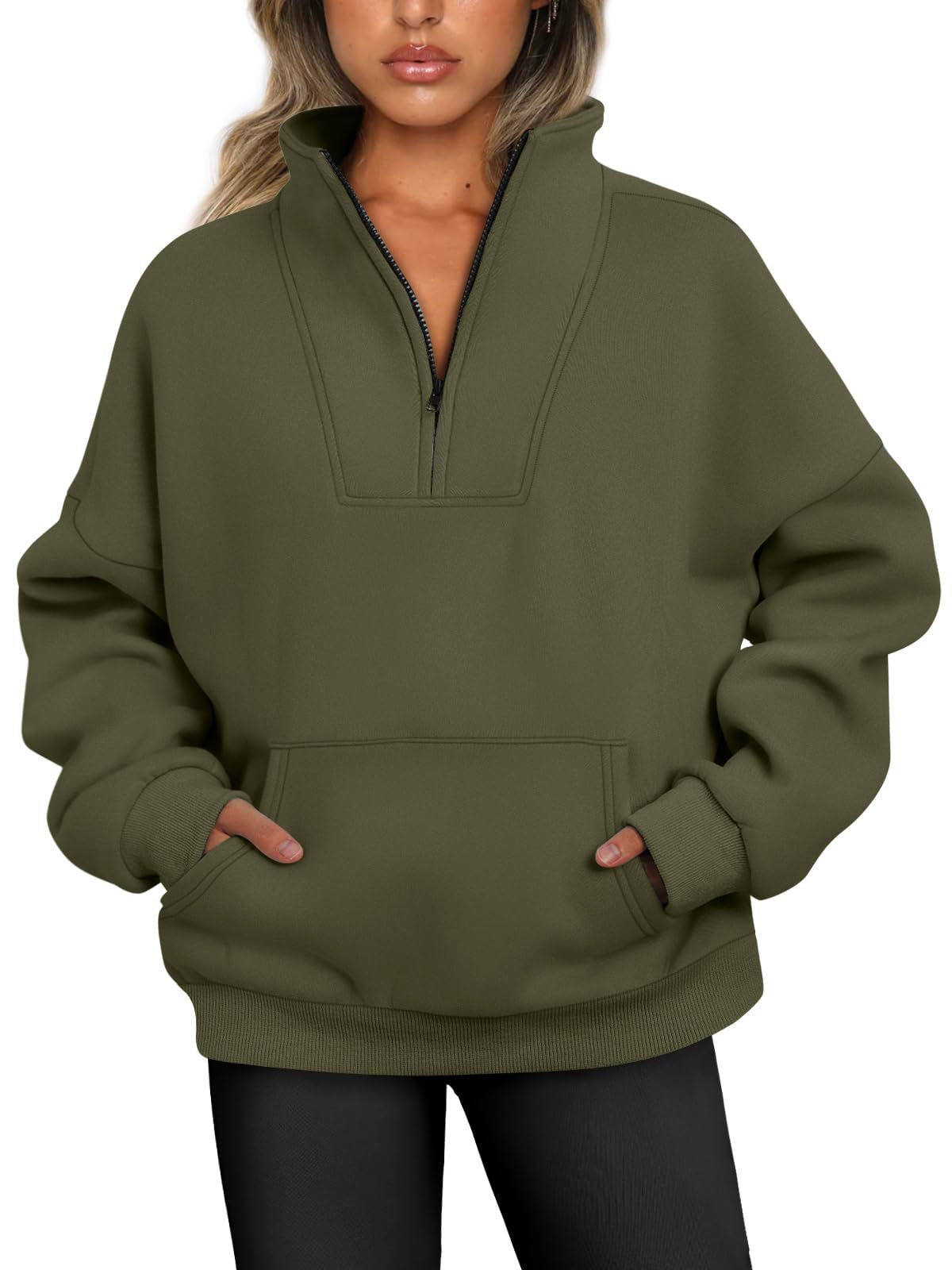 Damen-Kapuzenpullover mit Kragen, einfarbig, Tasche und Reißverschluss