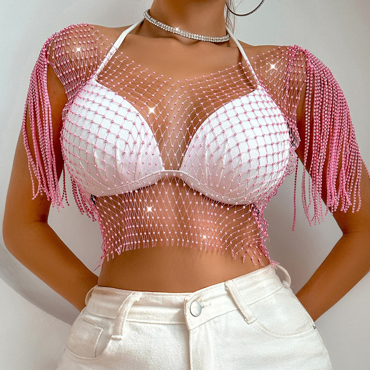 Women's Rhinestone Sexy Fishnet Summer Net Drill Blouses