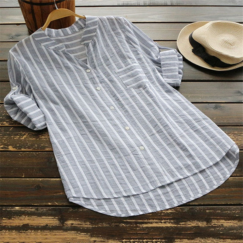 Women's Spring Casual Mid-length Shirt Striped Three-quarter Blouses