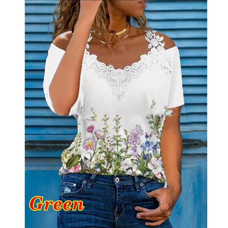 Damen Sommer Spitze Kurzarm Casual T-Shirt Blusen