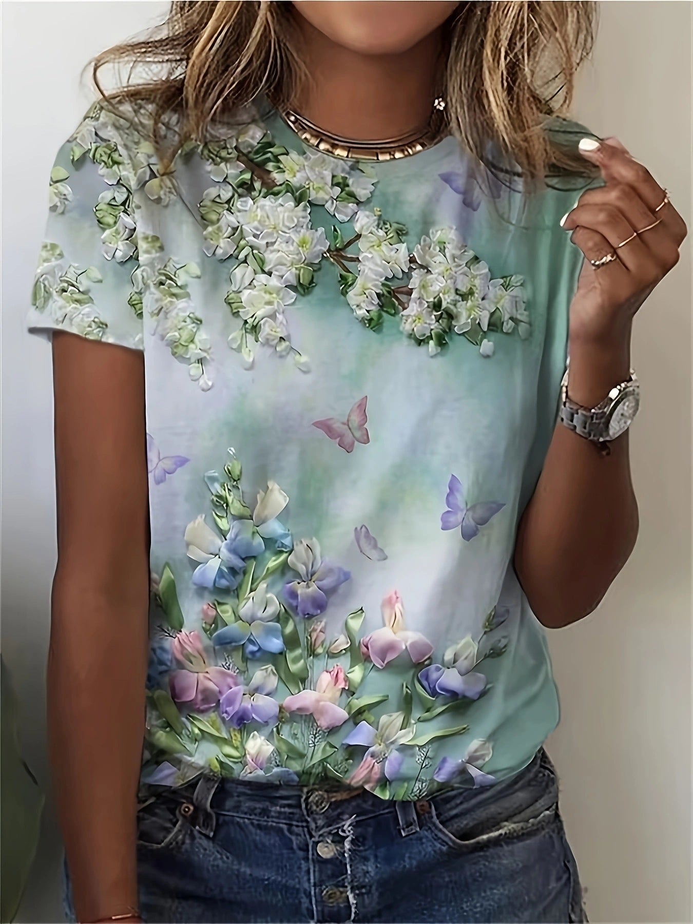 T-shirt à manches courtes pour femmes, haut d'été à imprimé de plantes florales