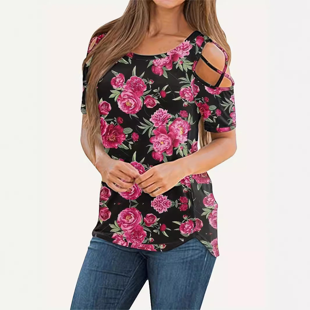 Women's Summer T-shirt Slimming Flower Print Blouses