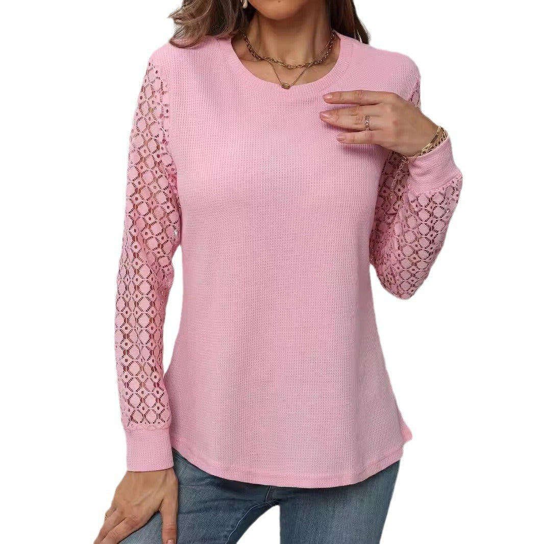 Women's Waffle Long Sleeve Crew Neck T-shirt Blouses