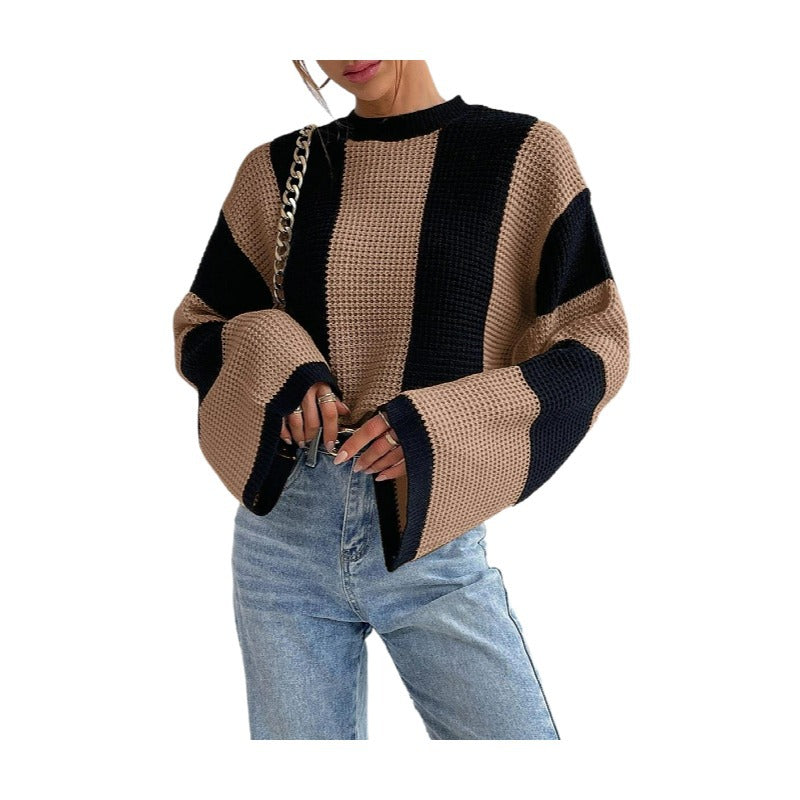 Women's Western Style Knitted Round Neck Striped Design Sweaters