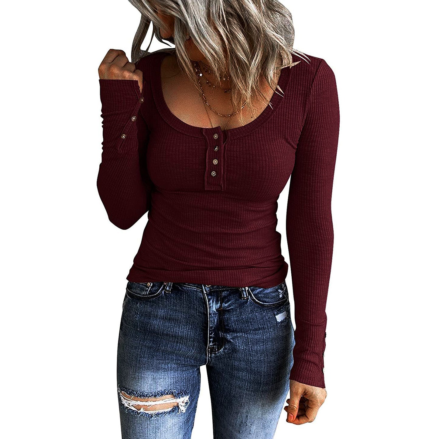 Women's Autumn Button Color V-neck Long Sleeve Vests