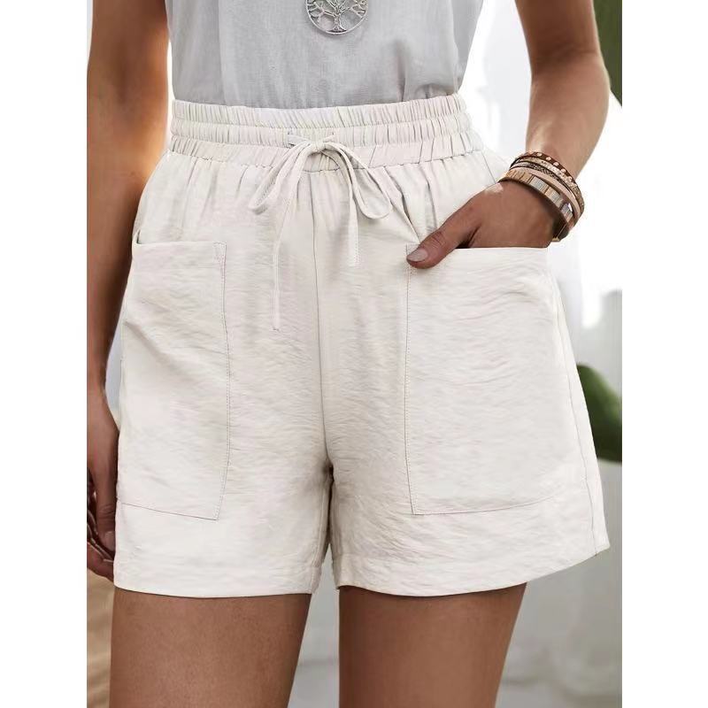 Damen Sommer Shorts mit lockerer Leinen-Freizeittasche und einfarbiger Hose