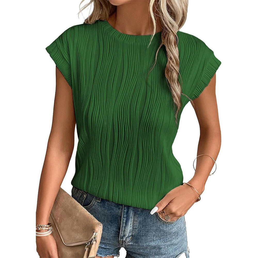 Women's Round Neck Short-sleeved Textured T-shirt Blouses