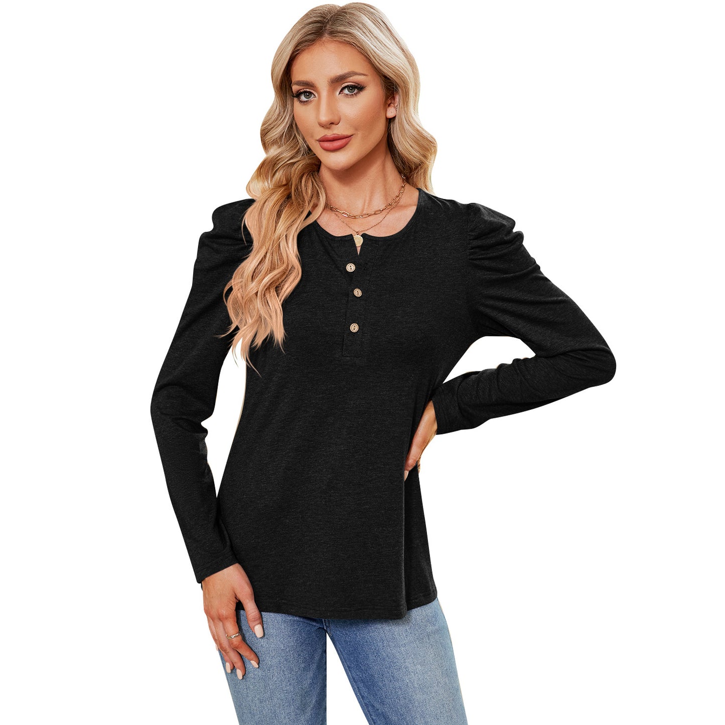 Women's Color Buttons Round Neck Puff Sleeve Tops