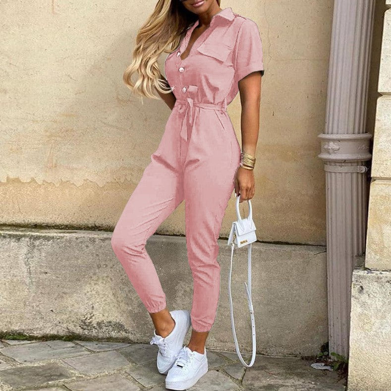 Women's Summer Casual Polo Collar Printed Belt Jumpsuits