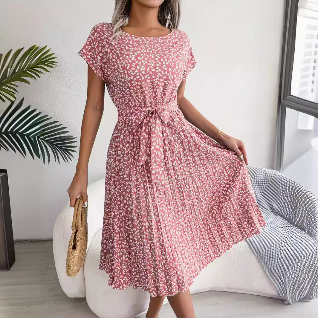 Women's Casual Short-sleeved Floral Dress Pleated Dresses