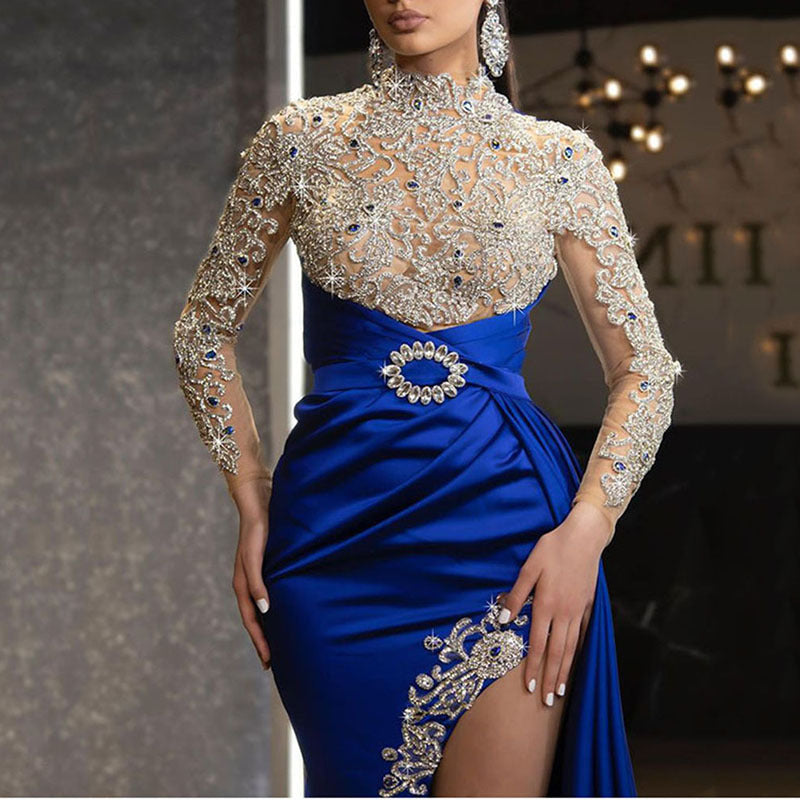 Women's Blue Gold Round Neck Dress Sexy Dresses