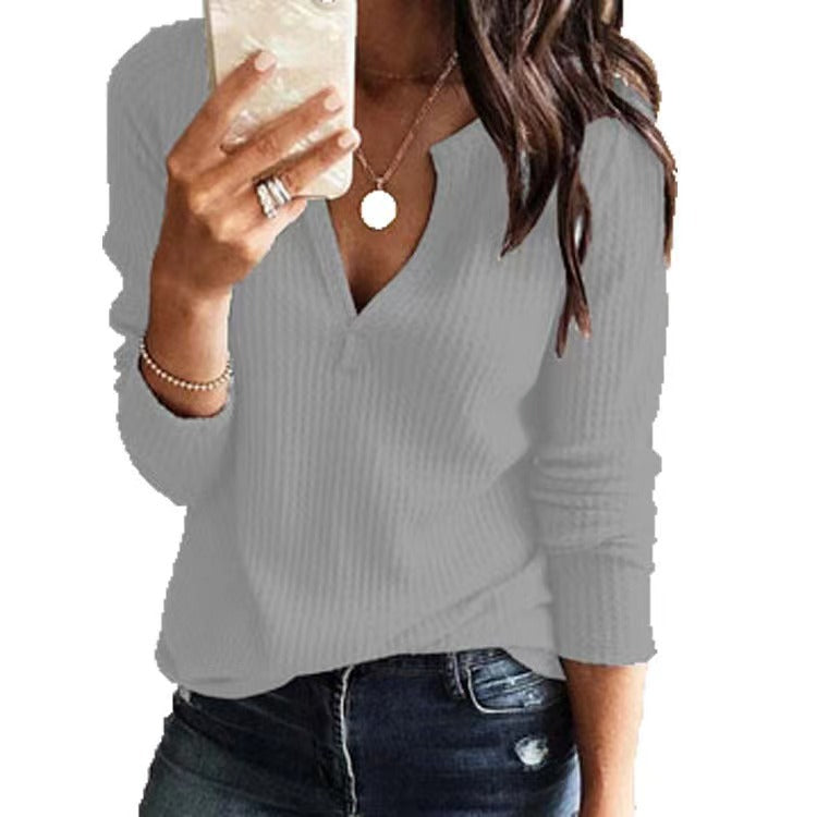 Long Sleeve Waffle Grid Solid Color Blouses