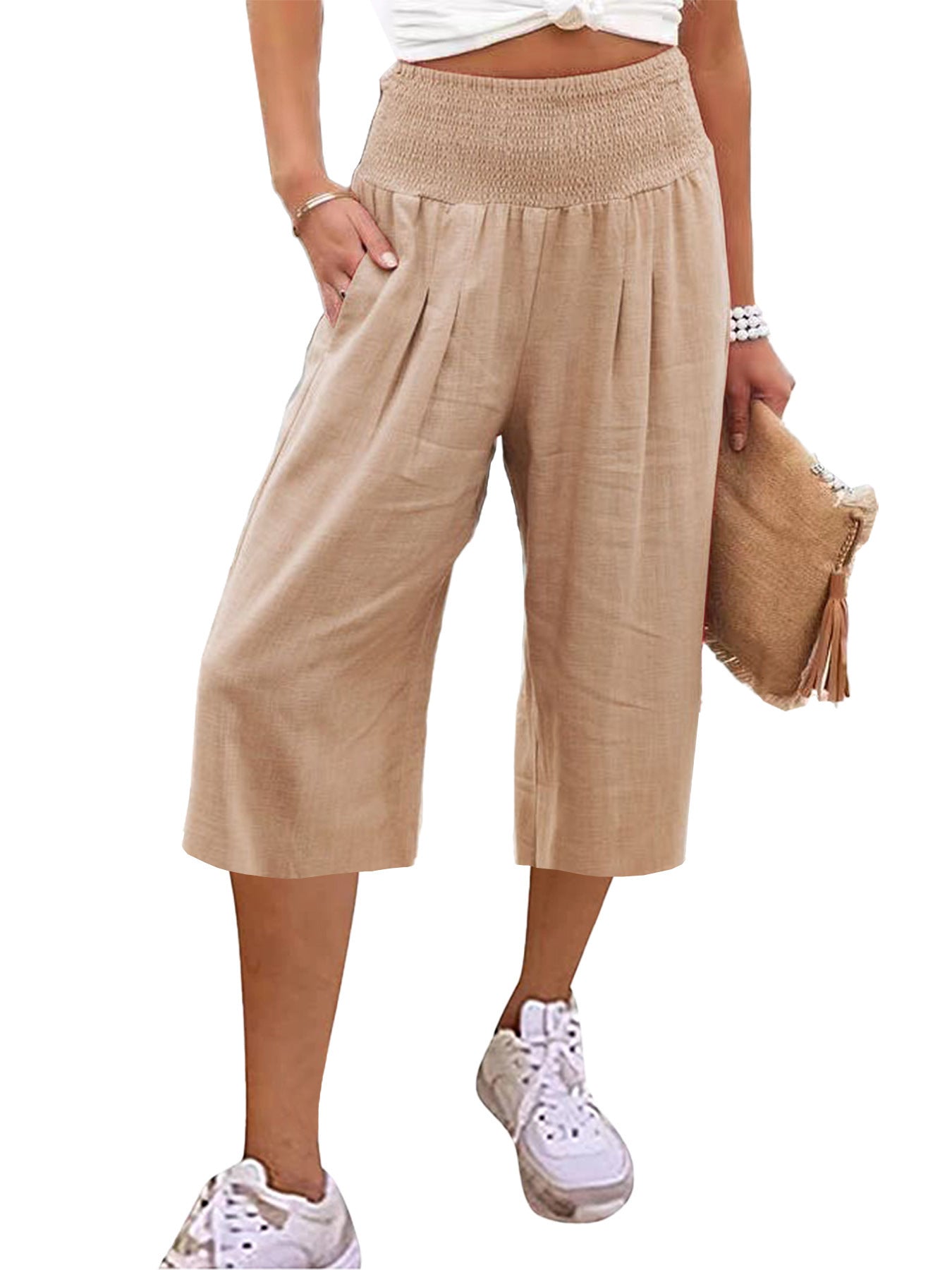 Women's Linen Cropped Waist Smocking Thin Pocket Pants