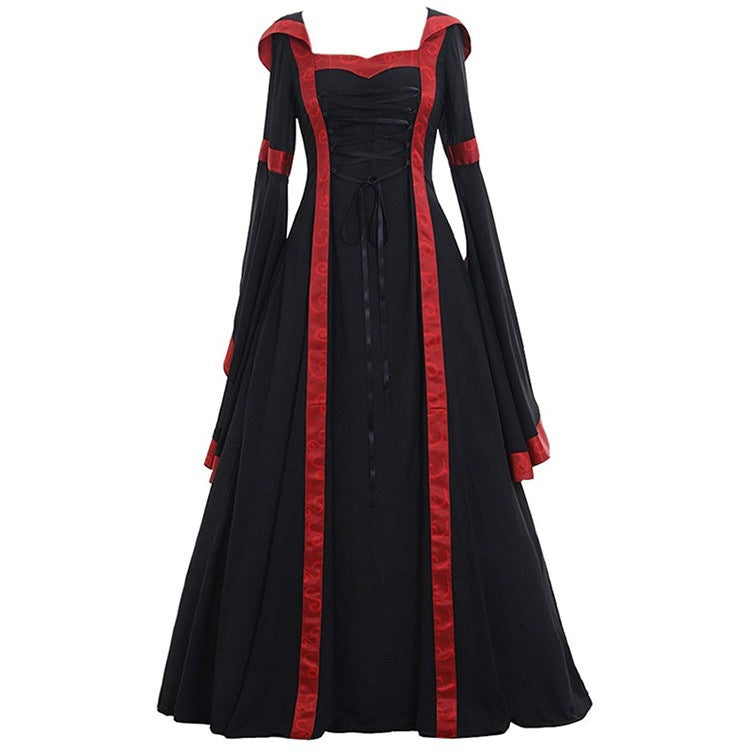 Medieval Retro Hooded Square Collar Solid Color Thin Lace Dresses