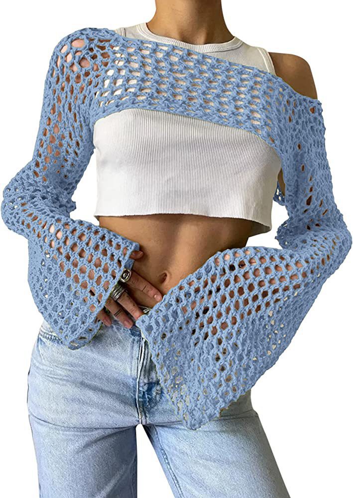 Women's Autumn Hand Crochet Casual Bell Sleeve Sexy Knitwear