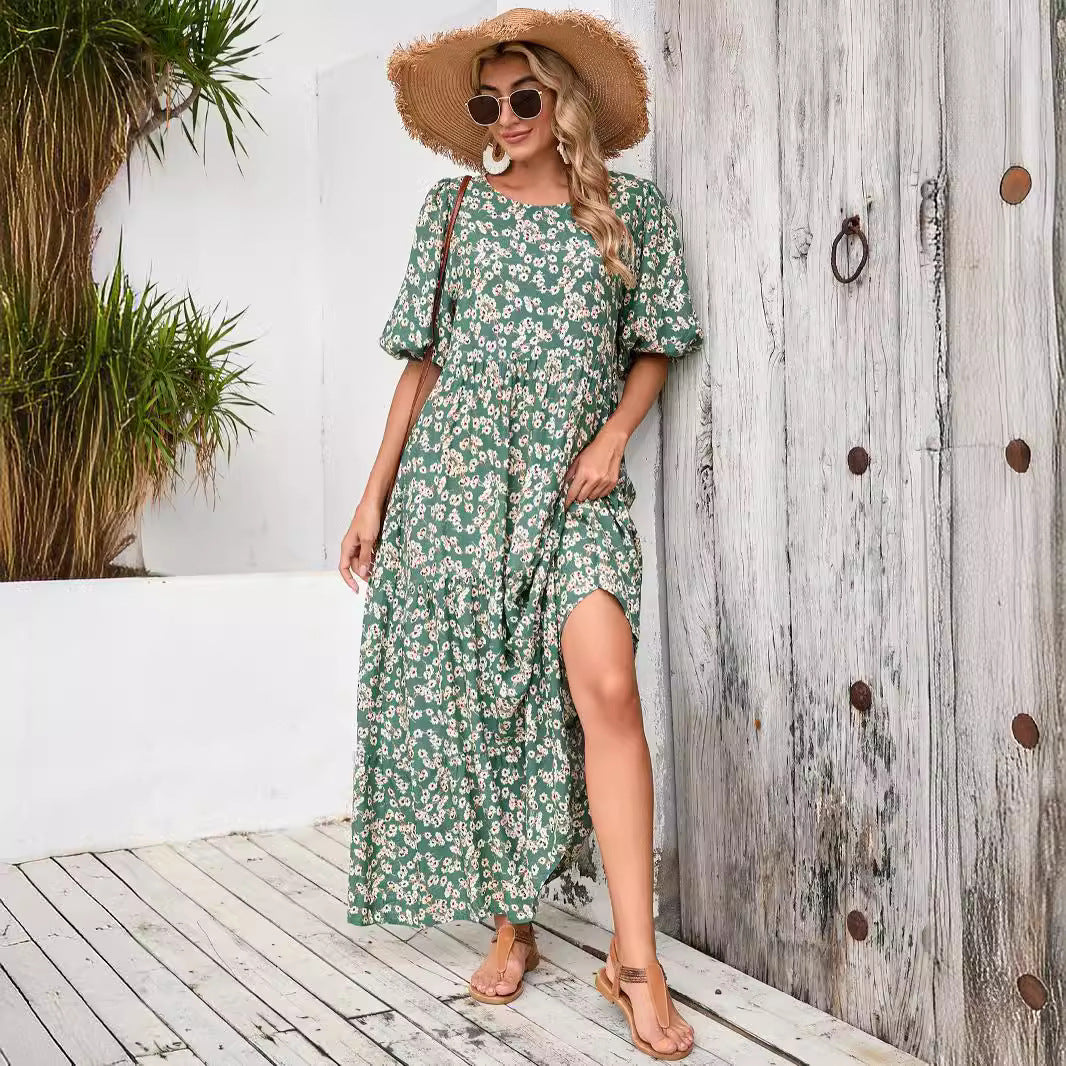 Robe ample à col rond pour femmes, robes florales décontractées