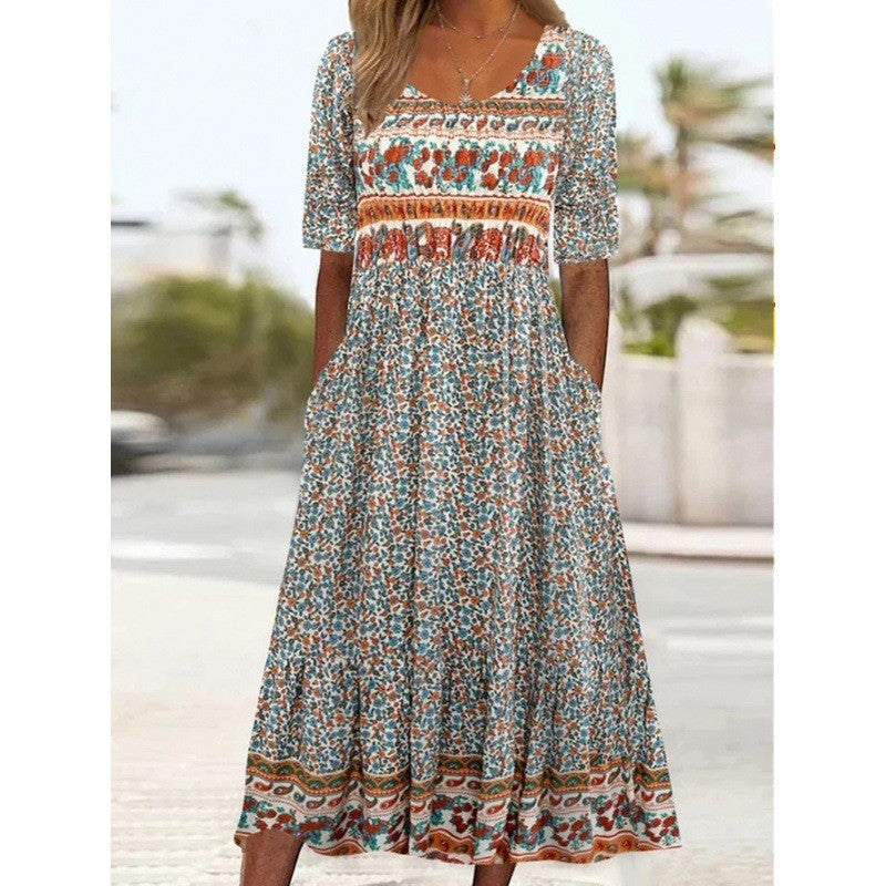 Women's Summer Printed Sleeve Round Neck Mid-length Dresses