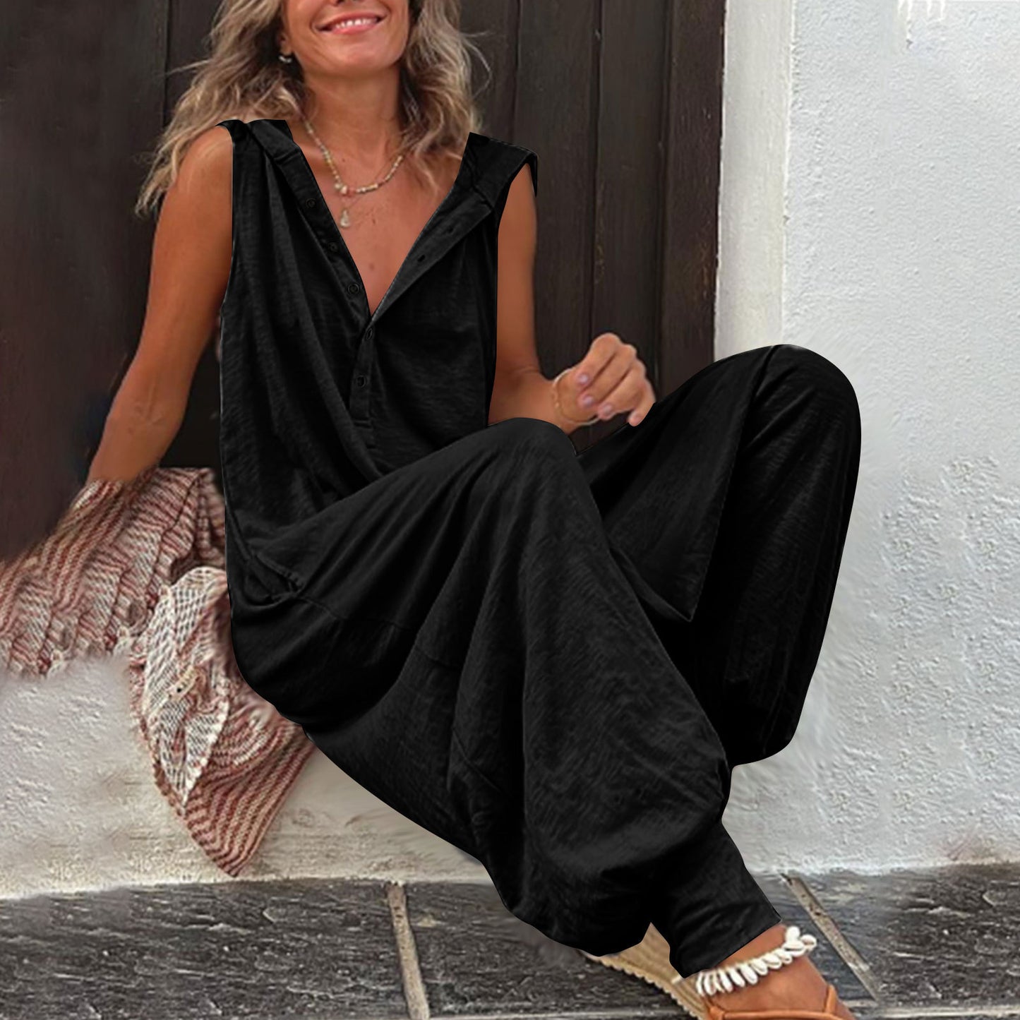 Damen Jumpsuit mit Knopfleiste, Kapuze, ärmellos, Baggy-Overall