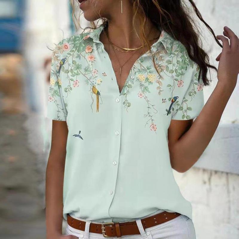 Women's Fashion Print Casual Short-sleeved Loose Button Blouses