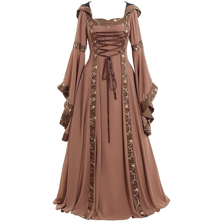 Medieval Retro Hooded Square Collar Solid Color Thin Lace Dresses