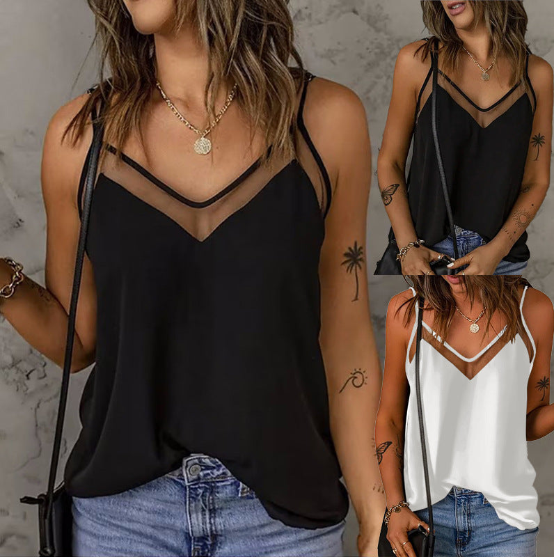 Women's Summer Solid Color Spaghetti Strap Mesh Tops