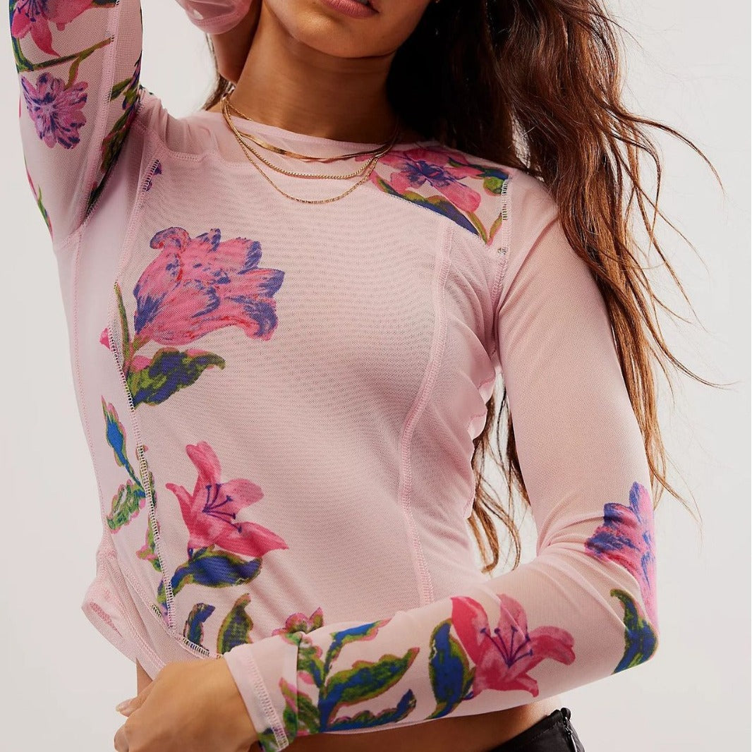 Mesh Digital Printed Flowers Slim Fit Long-sleeved Blouses