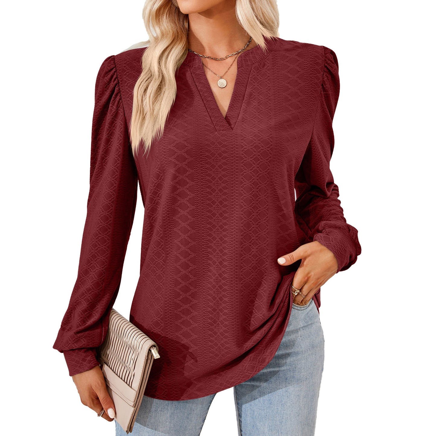 Women's Solid Color And Jacquard Long Sleeve Blouses