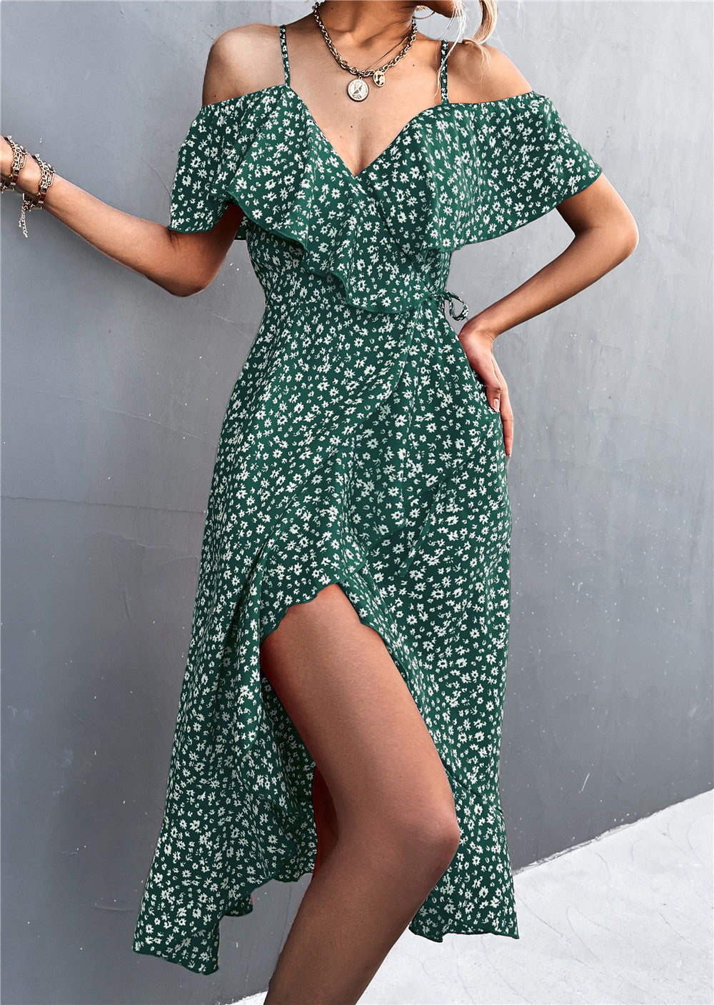 Women's Slim Floral Strap Dress Irregular Long Dresses