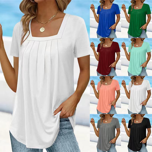 Women's Summer Pleated Square Collar Solid Color Blouses