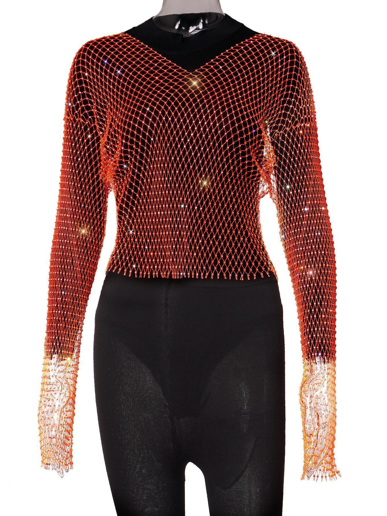 Women's Fishnet Rhinestone Mesh Round Neck Long Blouses