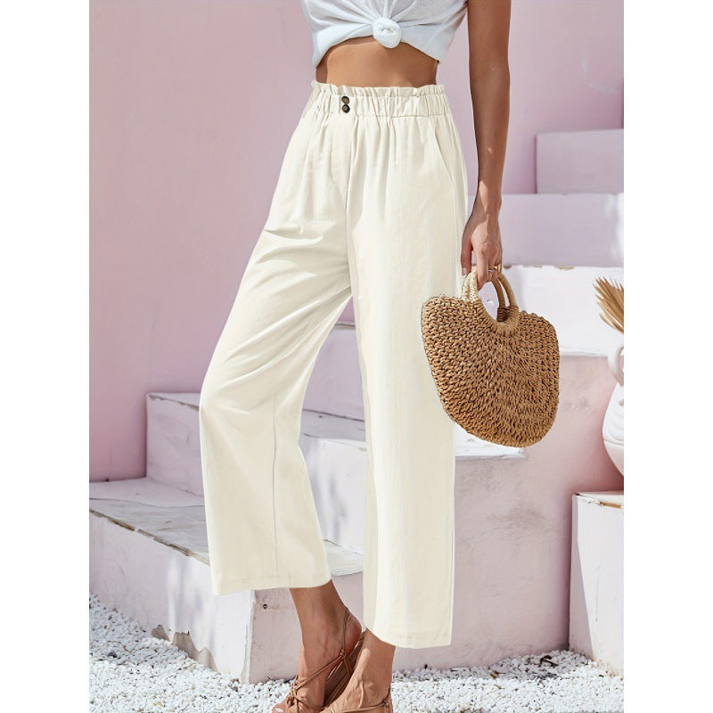 Pantalon taille haute en coton élastique feuille de lotus pour femme