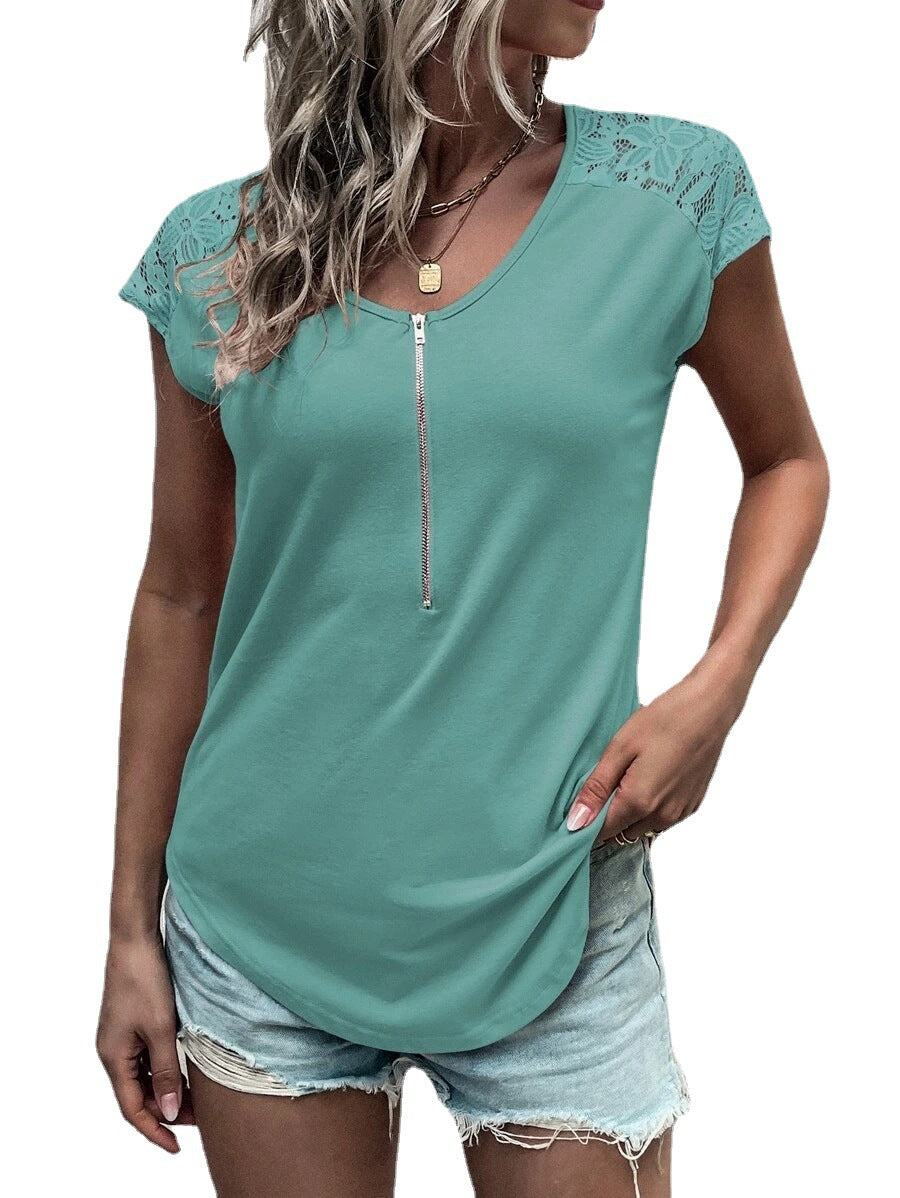 Summer Solid Color Round Neck Half Zipper Stitching Lace Sleeved Blouses