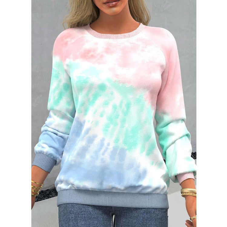 Women's Autumn Tie-dyed Printed Round Neck Raglan Long Sleeve Sweaters