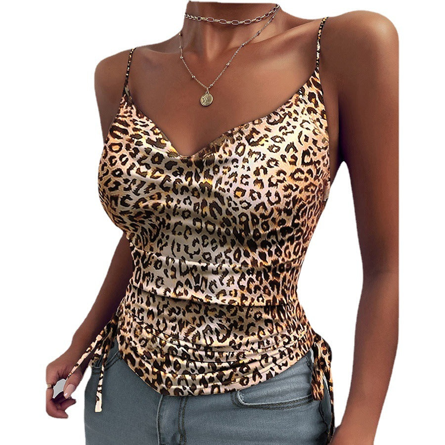 Printed Camisole Solid Color Deep V-neck Strap Tight Drawstring Leisure Tops