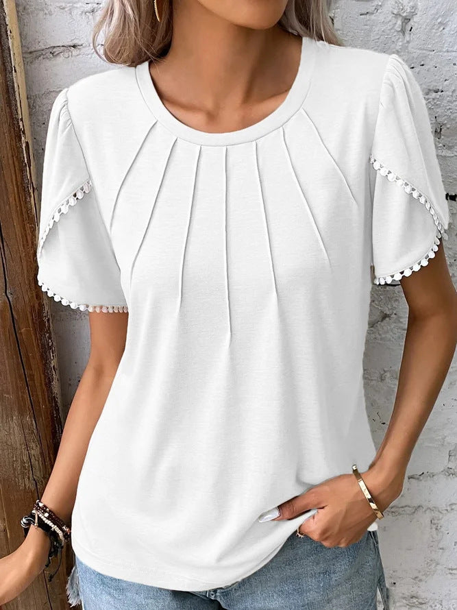 Women's Summer Round Neck Solid Color Pleated Blouses