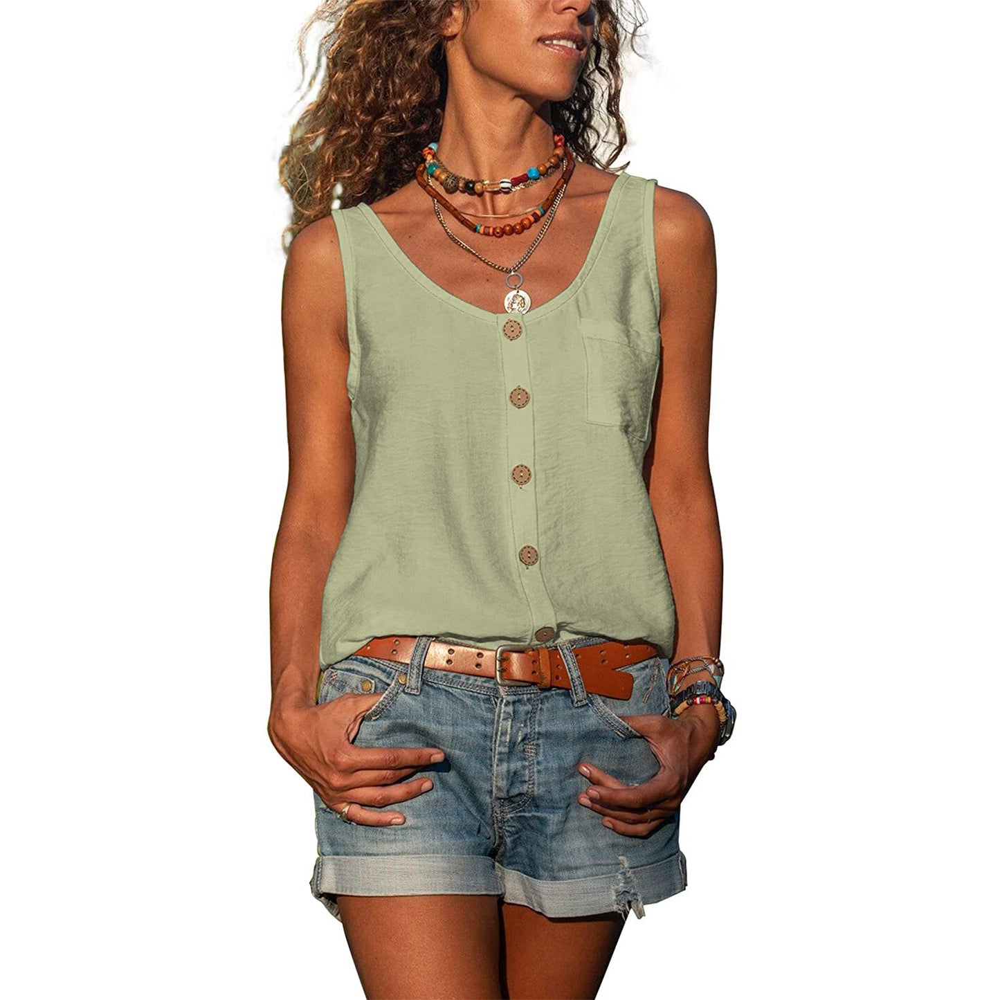 Women's Summer Solid Color V-neck Button Shirt Blouses