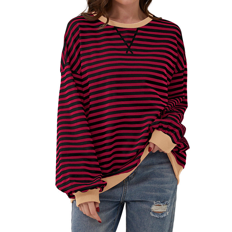 Women's T-shirt Summer Loose-fitting Striped Long Sleeves Blouses