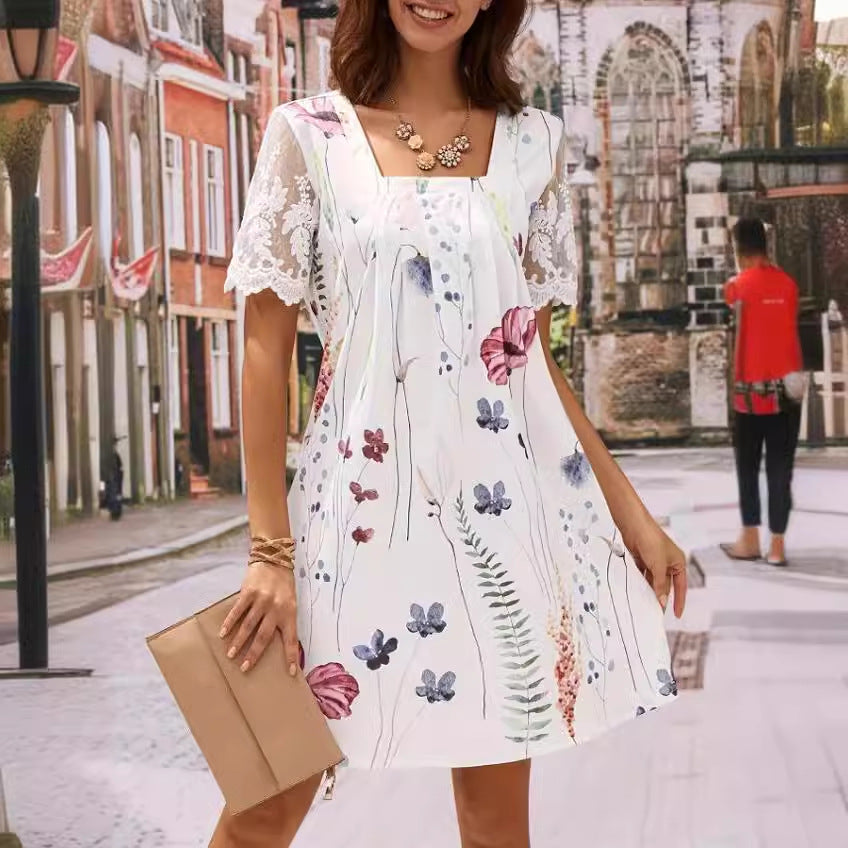 Women's Square Collar Lace Stitching Casual Floral Dresses