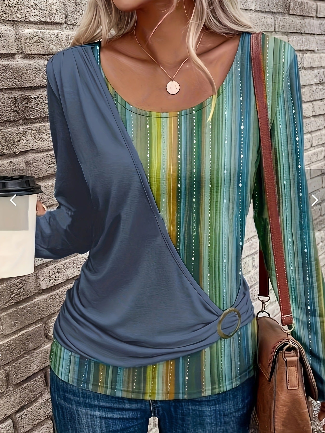 Women's Round Neck Solid Color Stitching Printing Casual Blouses