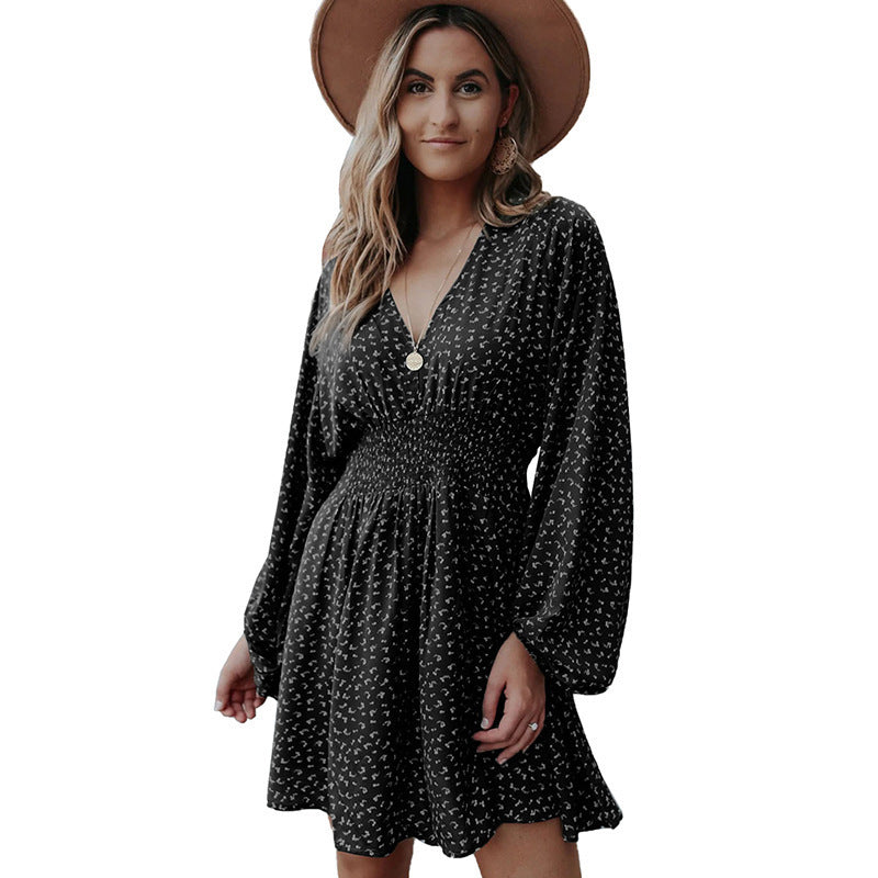 Women's Polka Dot Dress Pullover Long Sleeve Pleated Dresses