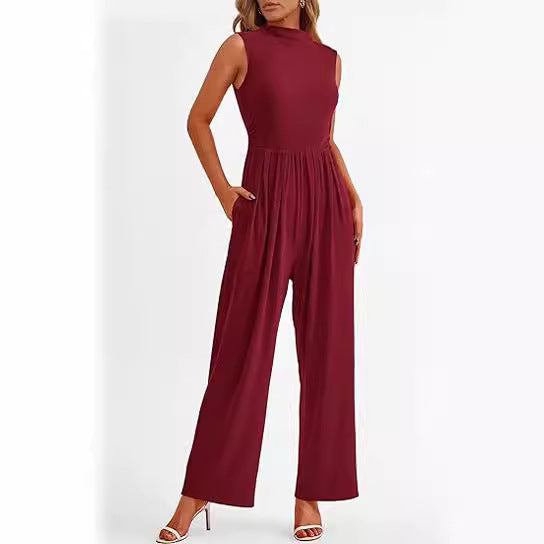 Women's Casual One-piece Sleeveless Wide Leg Belt Jumpsuits