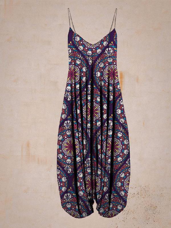 Schöner, lockerer Strand-Jumpsuit mit Print und Hosenträgern für Damen