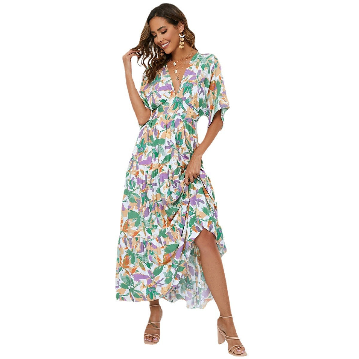 Women's Sleeve Deep V Waist Trimming Printing Dresses