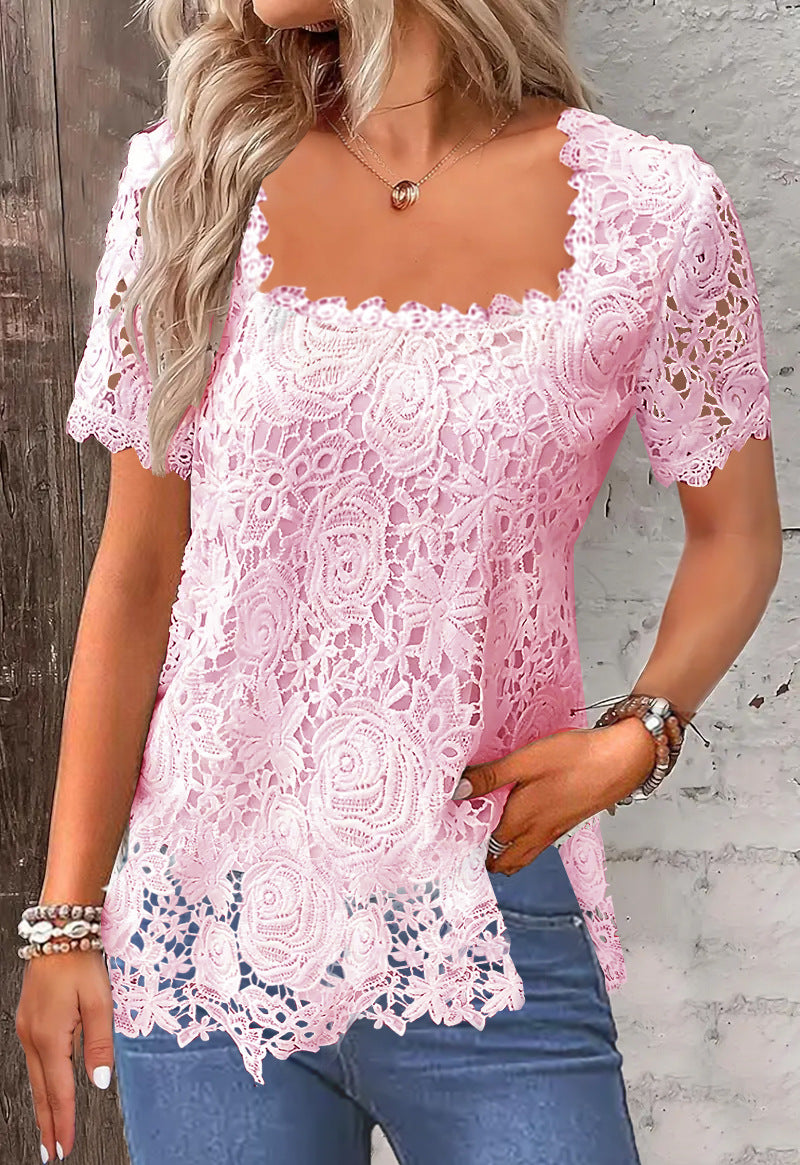 Slouchy Summer Vacation Elegant Lace T-shirt Tops